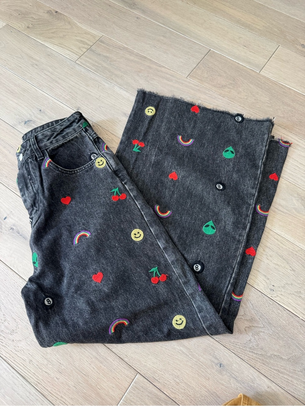 Dressed in LALA Black Wide Leg Jeans with Red, Green, Yellow Embroidery - Picture 10 of 10